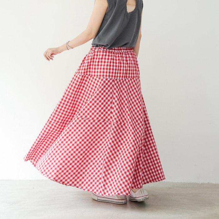 ギンガムチェックスカート ロングスカート パッチワーク お花見
