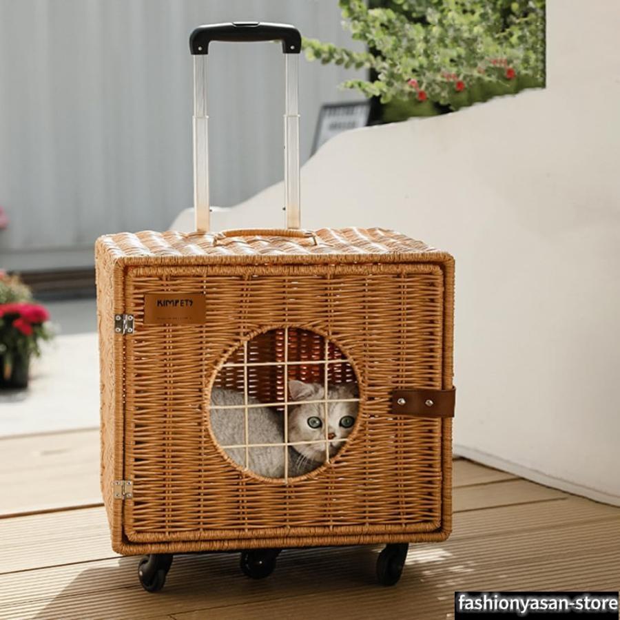 猫 ペットキャリー 籐製ペットキャリー キャスター付き トロリー