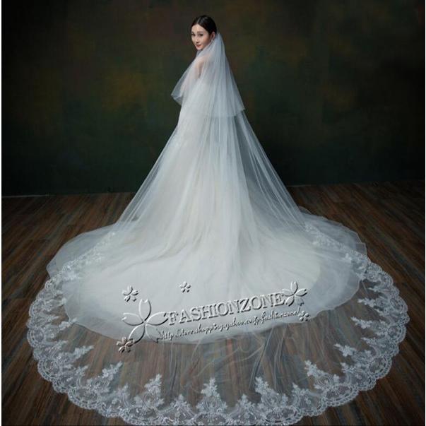 レース装飾 ホワイトウェディングベール　コーム付き　350cm 3m50cm ロングベール 350cmレース 結婚式用ベール コーム付き