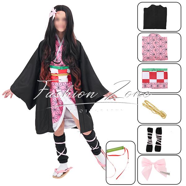 子供/大人 サイズ 鬼滅の刃 風 竈門禰豆子 コスプレ衣装 ウィッグ 靴