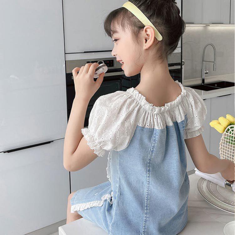 キッズ デニムワンピース キッズワンピース 夏 半袖 女の子 送料無料 世界の人気ブランド デニムワンピ レース付き 無地 ガー おしゃれ ワンピース