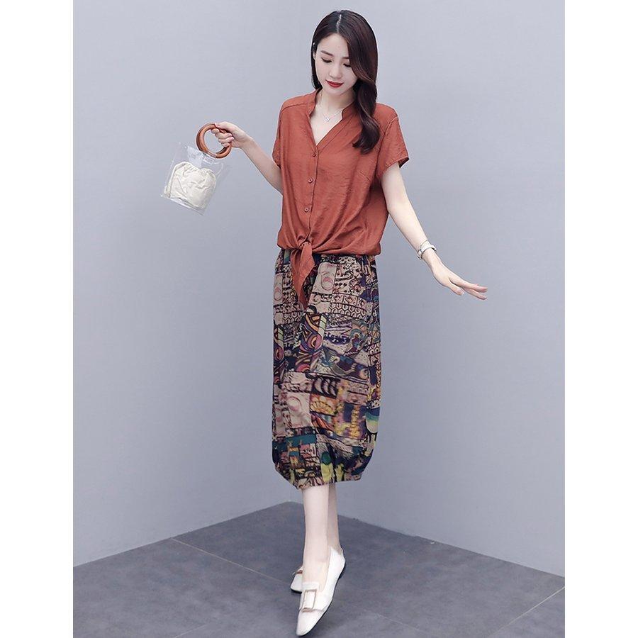 セットアップ レディース 2点セット お洒落 カジュアル スカート リネン薄手 半袖ブラウス 夏 大きいサイズ 花柄 通勤 安い 激安 プチプラ 高品質 リネン薄手
