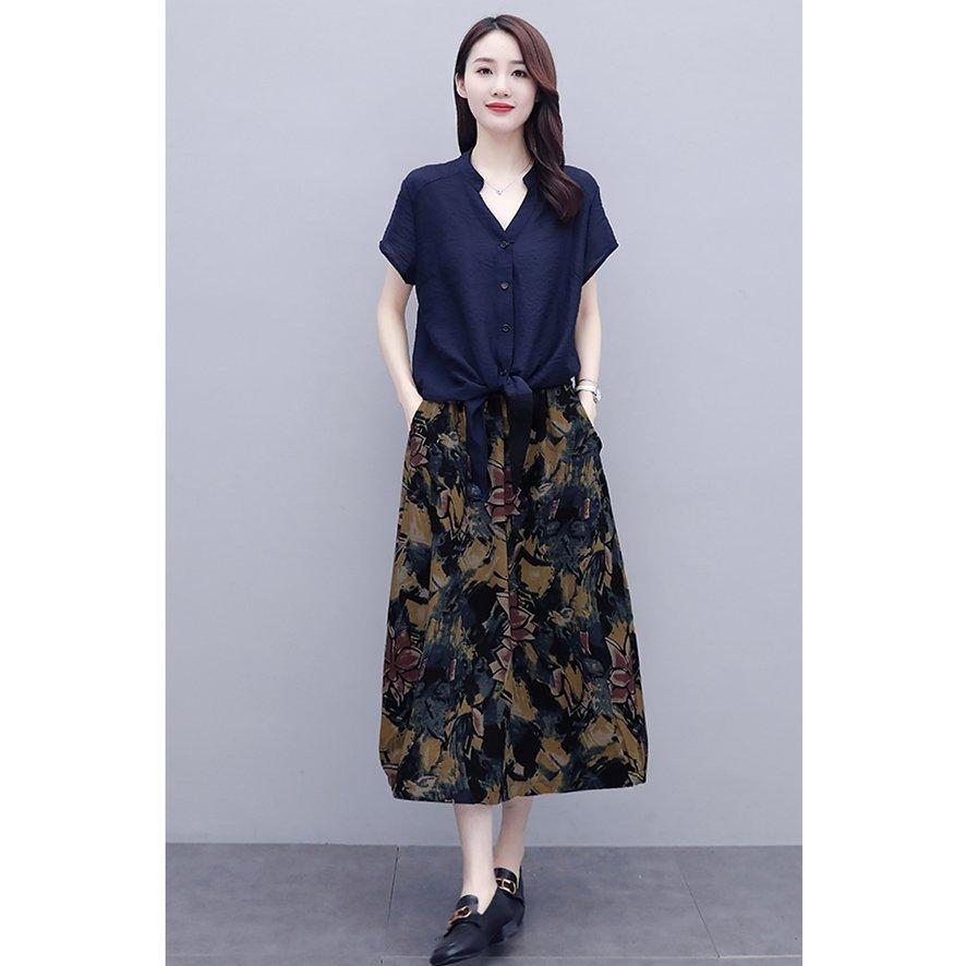 セットアップ レディース 2点セット お洒落 カジュアル スカート リネン薄手 半袖ブラウス 夏 大きいサイズ 花柄 通勤 安い 激安 プチプラ 高品質 リネン薄手