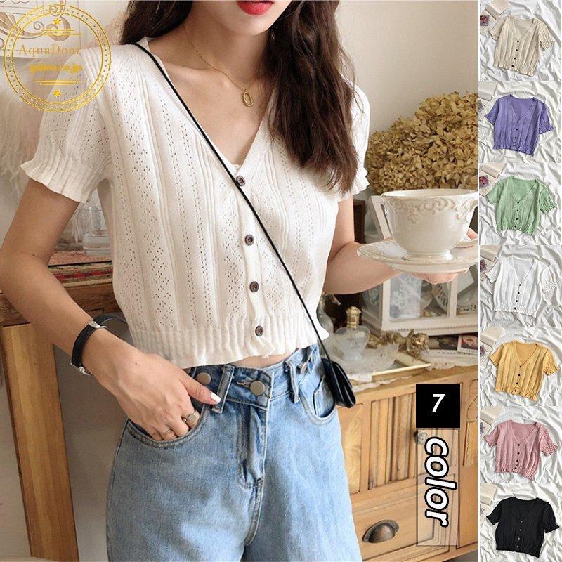 カーディガン 半袖 レディース へそ出し 薄手 ニット シースルー ショート丈 トップス Vネック ブラック ホワイト 夏 韓国ファッション Oneleaf Fastfashion Yahoo 店 通販 Yahoo ショッピング
