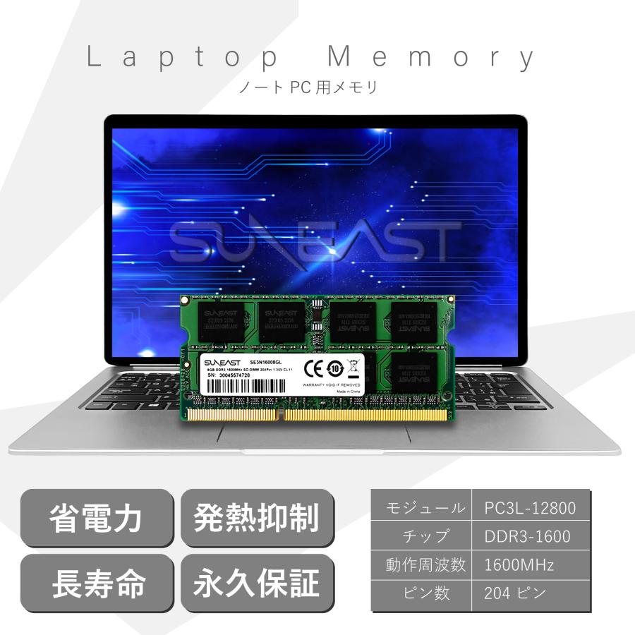 誠実 SUNEAST サンイースト ノートPC用 メモリ 1.35V 低電圧 DDR3L 1600 PC3L-12800 204Pin Mac 対応  SO-DIMM 8GB