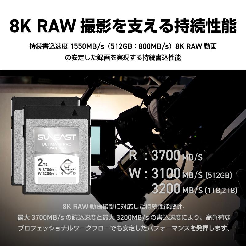 SUNEAST CFexpress 4.0 Type B カード 512GB 8K RAW VIDEO 高速 高解像度連写対応 ULTIMATE PRO SILVERシリーズ CFexpress Type B 4.0 5年保証 SE-CFB512G24S2Fの画像