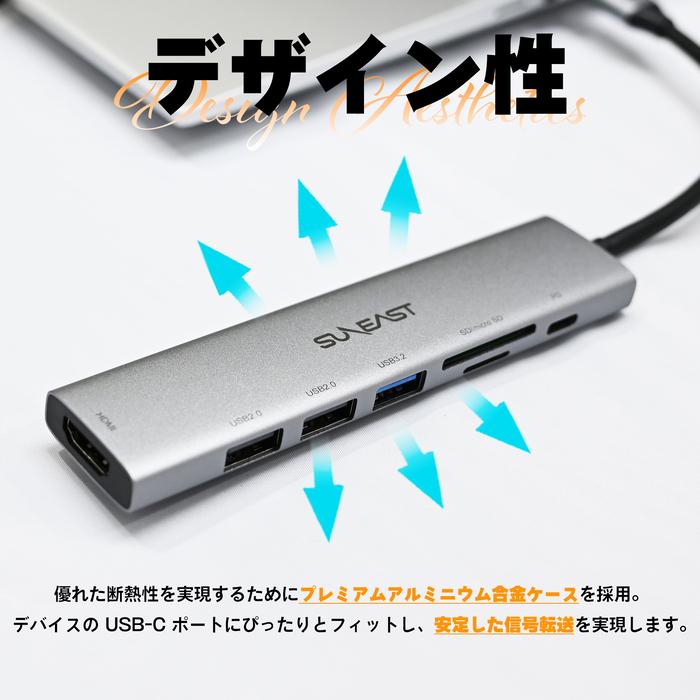 SUNEAST USB Type-C マルチハブ 7in1 高速転送 USB3.2 Gen1 USB-A3.2/2.0 HDMIポート 4K Ultra HD対応 @30Hz SD microSDカードスロット PD100W SE-HUBC71A3DP｜fastonline｜05