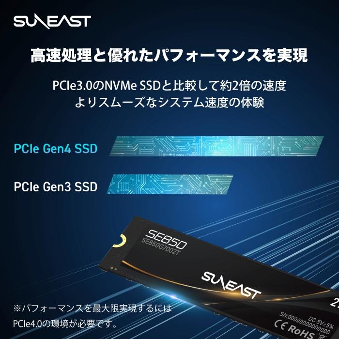 SUNEAST 4TB M.2 2280 SSD NVMe PCIe Gen4×4 ヒートシンク付き PS5確認済み 内蔵 SSD 3D TLC 最大読込: 7,000MB/s 最大書き：6,500MB/s SE850G7004T｜fastonline｜05