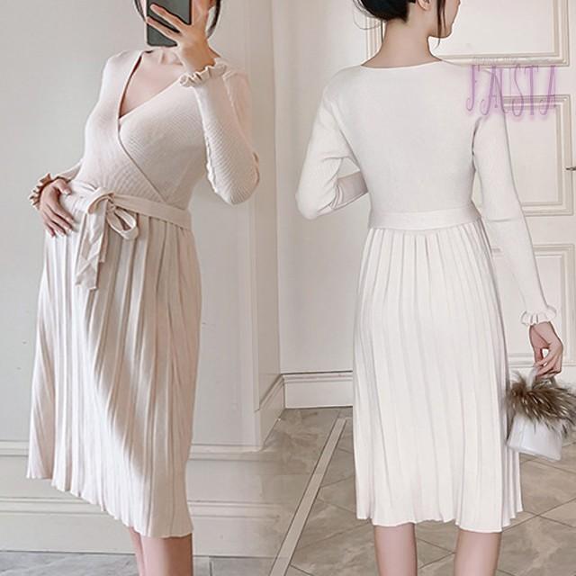 授乳服 安い フォーマル お宮参り マタニティワンピース 冬 ニット カシュクール プリーツ 妊婦服 産前産後 M057 |  | 08