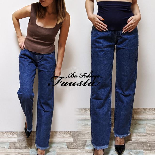 マタニティデニム ワイドパンツ マタニティ パンツ 裾フリンジ 産前産後 妊婦服 安い ブリーチ インディゴ M104 |  | 07