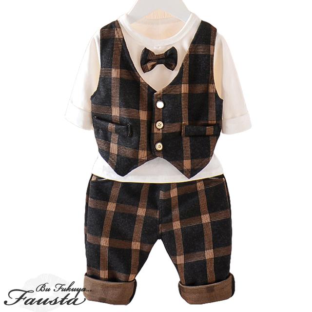 セレモニースーツ 80 90 ベビー服 男の子 ベビースーツ 1歳 2歳 チェック柄 フォーマル 長袖 ３点セット キッズスーツ R001 |  | 01