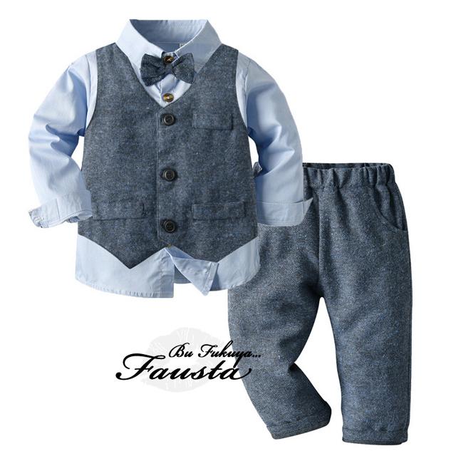フォーマル 男の子 スーツ 1歳 2歳 秋冬 チェック柄 長袖 卒園式 入園式 80 90 100 ベビー服 3点セット ベスト付き ブルー R009 |  | 01