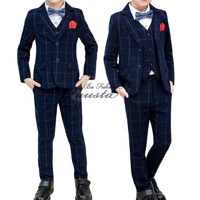 入学式スーツ 男の子 120 130 子供服 ネイビー チェック柄 3ピース 男の子スーツ フォーマルスーツ セレモニースーツ 卒園式 R012 |  | 02