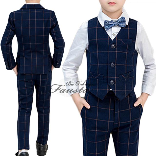 入学式スーツ 男の子 120 130 子供服 ネイビー チェック柄 3ピース 男の子スーツ フォーマルスーツ セレモニースーツ 卒園式 R012 |  | 03
