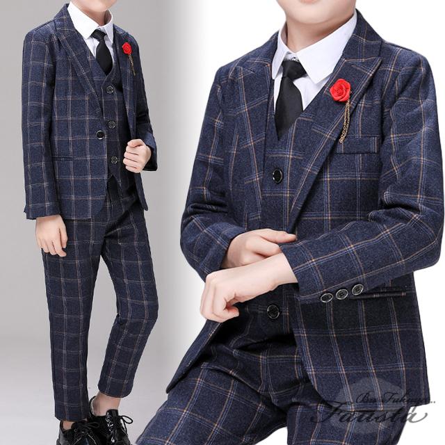 入学式 男の子スーツ 子供服 男の子 120 130 ネイビー チェック柄 3ピース フォーマルスーツ セ レモニースーツ 卒園式 R014 |  | 02