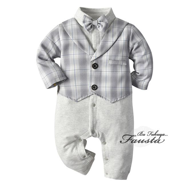 ベビー服 フォーマル 70 80 セレモニースーツ ベビースーツ 男の子 1歳 タータンチェック 長袖 結婚式 グレー カバーオール R017 |  | 01