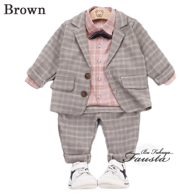 ベビー服 フォーマル 男の子 スーツ 2歳 1歳 ジャケット付き タータンチェック 長袖 結婚式 七五三 誕生日スーツ ブラウン R022 |  | 01