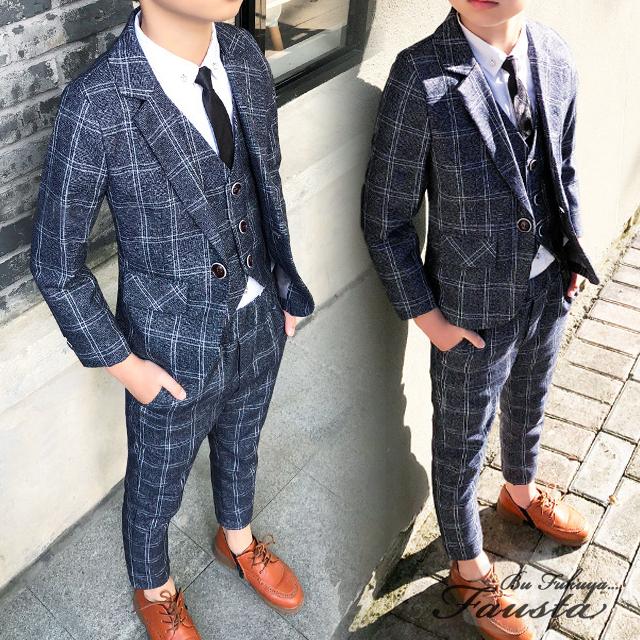 キッズ スーツ 120 130 男 セレモニースーツ 子供 卒園式 入学式 男の子 フォーマルスーツ 5点セット チェック柄 R028 |  | 01