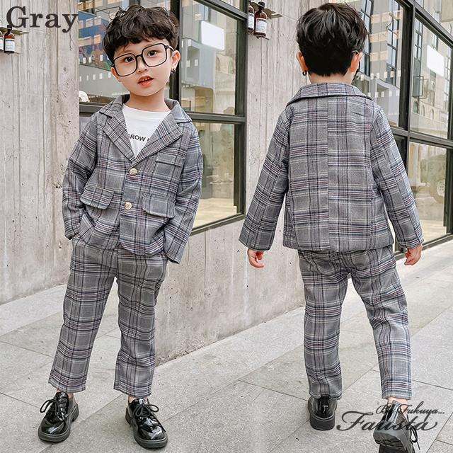 キッズスーツ セレモニースーツ 男 120 130 2点セット 子供 入学式 男の子 フォーマルスーツ タータンチェック ベージュ R032 |  | 02