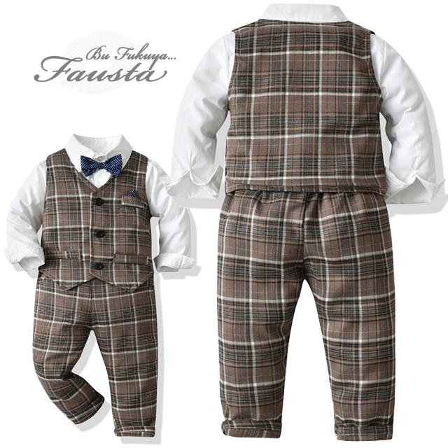 フォーマル 男の子 スーツ 1歳 2歳 秋冬 チェック柄 長袖 卒園式 入園式 80 90 100 ベビー服 3点セット ベスト付き R050 |  | 02