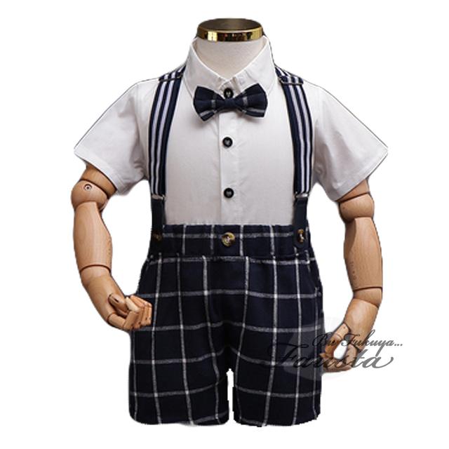 ベビー服 男の子 フォーマルスーツ チェック柄 半袖 2点セット ベビースーツ サスペンダー 赤ちゃん ネイビー R075 |  | 07