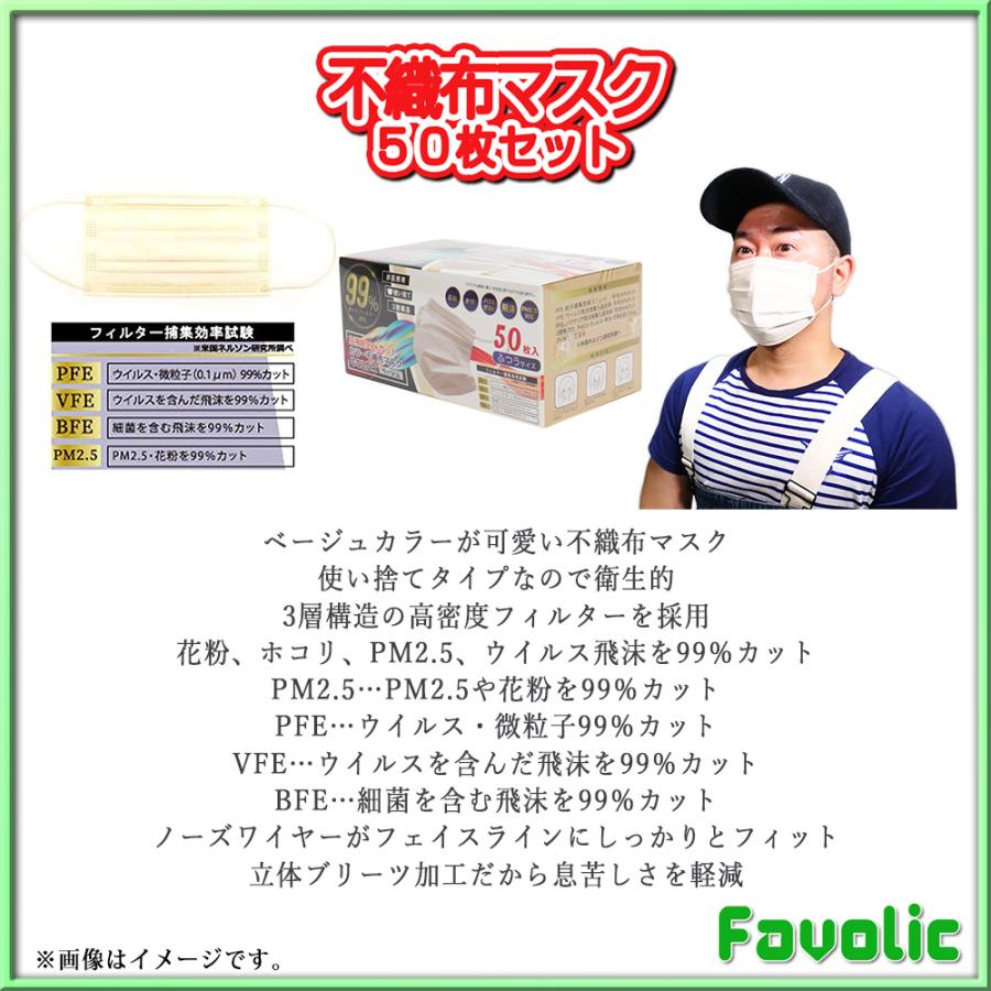 ベージュ 不織布マスク 50枚 使い捨て 3層構造 ふつうサイズ 花粉症 風邪 ハウスダスト 飛沫 PM2.5 PFE VFE BFE 軽量 防塵 コンパクト 男女兼用 GT-LINE Favolic｜favolic-gtline｜02