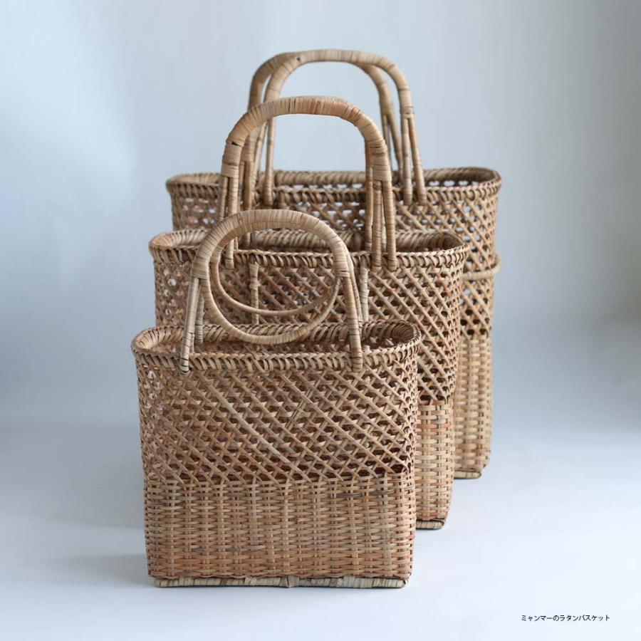 ラタンバスケット M 34cm ミャンマー ハンドメイド かご かごバッグ 藤