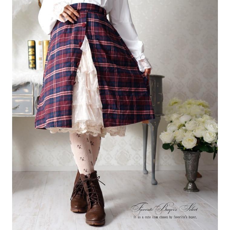 全部選べる福袋特設会場 ボトムス スカート ミディアム丈 赤チェック 白レース 秋冬 巻きスカート風デザインのチェック レーススカート19年12月新作上旬 bhk ワンピース専門店 Favorite 通販 Yahoo ショッピング