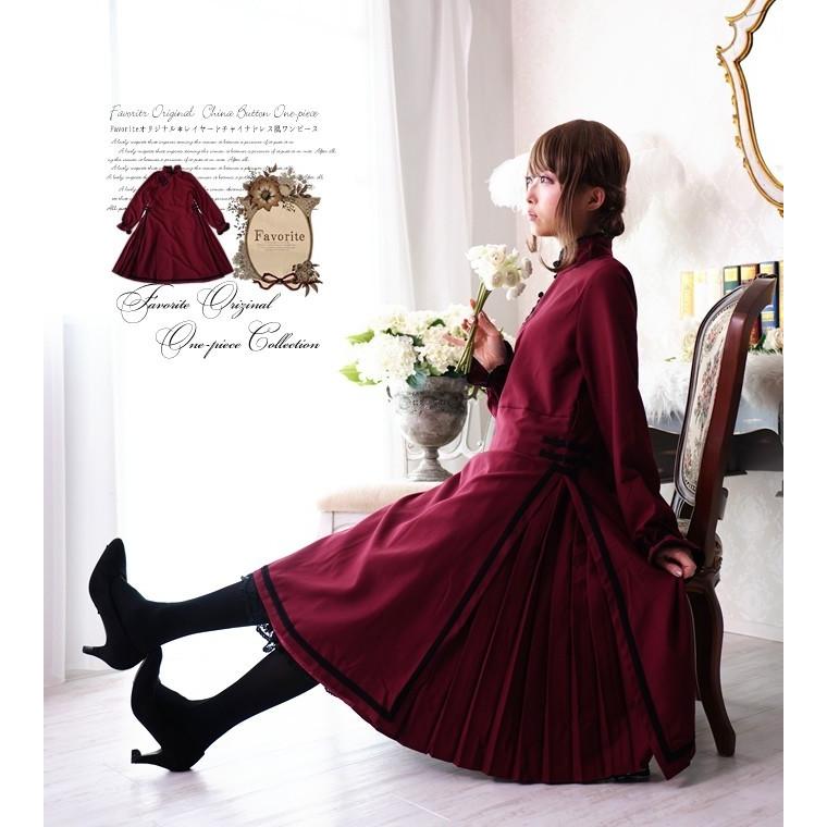 ワンピース ミディアム丈 Favoriteオリジナル落ち着きボルドーのプリーツチャイナワンピース レッド年4月新作中旬新作 Ff1481red ワンピース専門店 Favorite 通販 Yahoo ショッピング