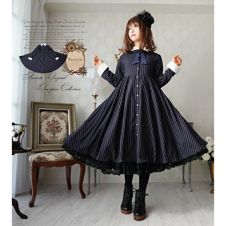 ワンピース ミディアム丈 ストライプ 秋冬favoriteオリジナル清楚なストライプ柄の文学少女フレアワンピース19年10月新作中旬 Fv359 ワンピース専門店 Favorite 通販 Yahoo ショッピング