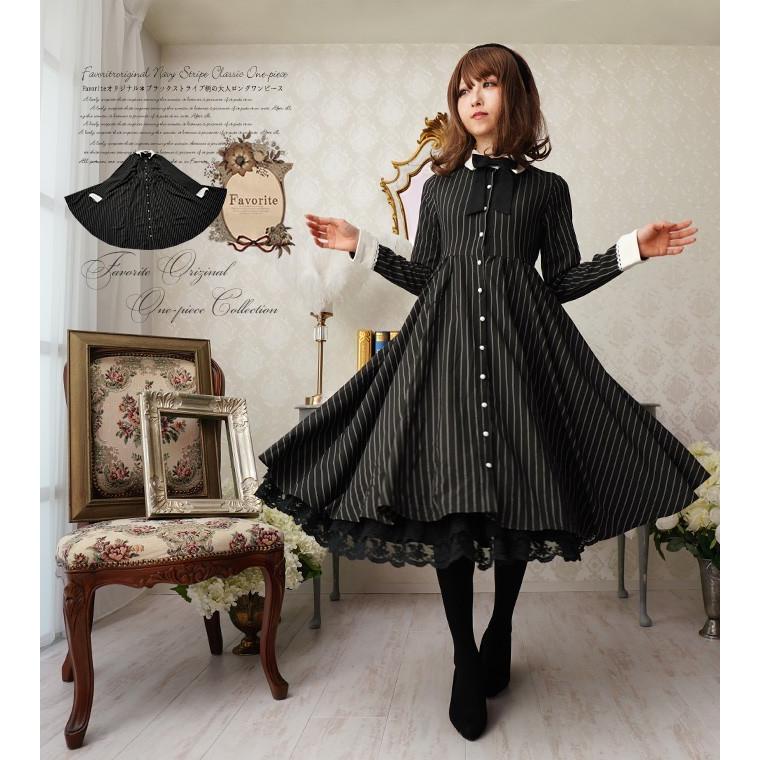 日本製 ワンピース ミディアム丈 ストライプ ブラックfavoriteオリジナル清楚なストライプ柄の文学少女フレアミディアムワンピース ブラック年1月新作下旬 クリアランスセール Www Skylanceronline Com