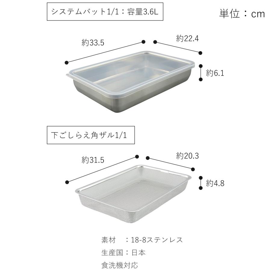 家事問屋 システムバット & 下ごしらえ角ザル セット 1/1 蓋付き