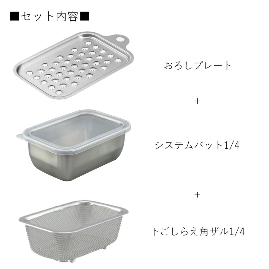 家事問屋 おろしプレート ＋ システムバット ＋ 下ごしらえ角ザル 1/4 3点セット 食洗機対応 大根おろし器 日本製 | 家事問屋 | 10