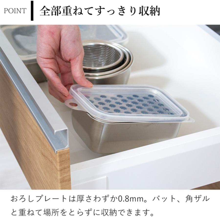 家事問屋 おろしプレート ＋ システムバット ＋ 下ごしらえ角ザル 1/4 3点セット 食洗機対応 大根おろし器 日本製 | 家事問屋 | 08