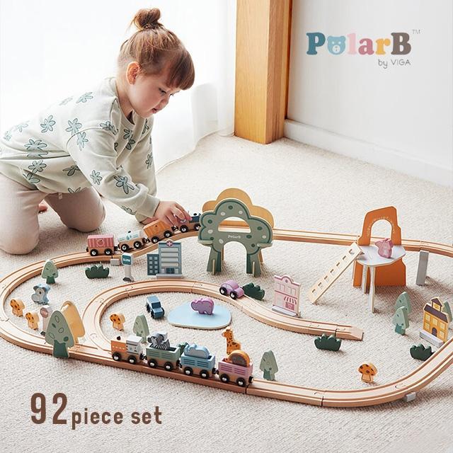 PolarB トレインレールセット92ピース TYPR44067(おもちゃ 木 動物 車