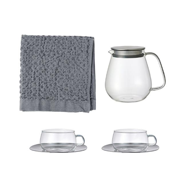 KINTO キントー UNITEA ティーポット＆カップ＆ソーサー＋kontex コンテックス ヘザーワッフルセット(結婚祝い 食器セット プレゼント ペア 夫婦 北欧 ギフト)の画像