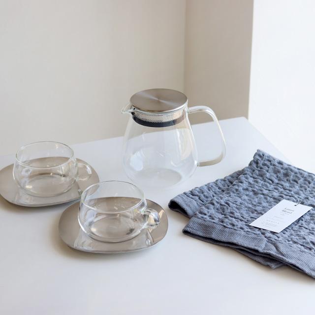 KINTO キントー UNITEA ティーポット＆カップ＆ソーサー＋kontex コンテックス ヘザーワッフルセット(結婚祝い 食器セット プレゼント ペア 夫婦 北欧 ギフト)の画像