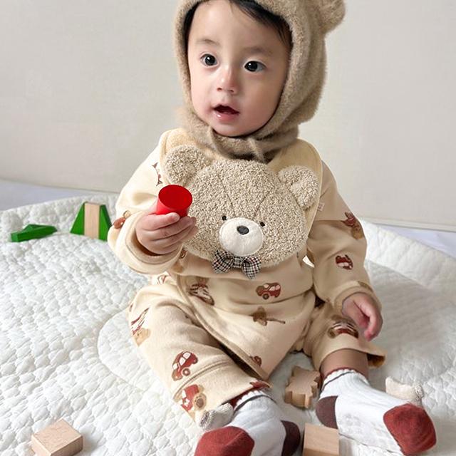 美品　モンクレール　テディベアプリント　新生児お祝い3Pセット　ロンパース mocmof（モクモフ） テディベアお着替えかんたんロンパース＆スタイ