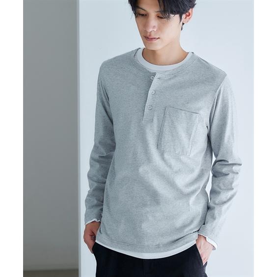 ニッセン（nissen） Tシャツ 長袖 綿100% ポケット付 ヘンリーネック