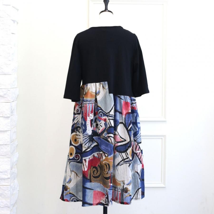 アート柄デザイン×ワンピース 7分袖 Aライン 個性的 ユニーク 美術
