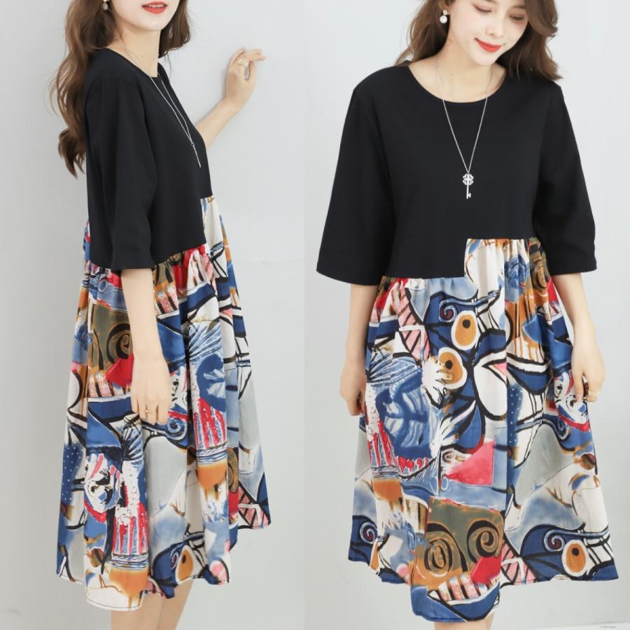 アート柄デザイン×ワンピース 7分袖 Aライン 個性的 ユニーク 美術