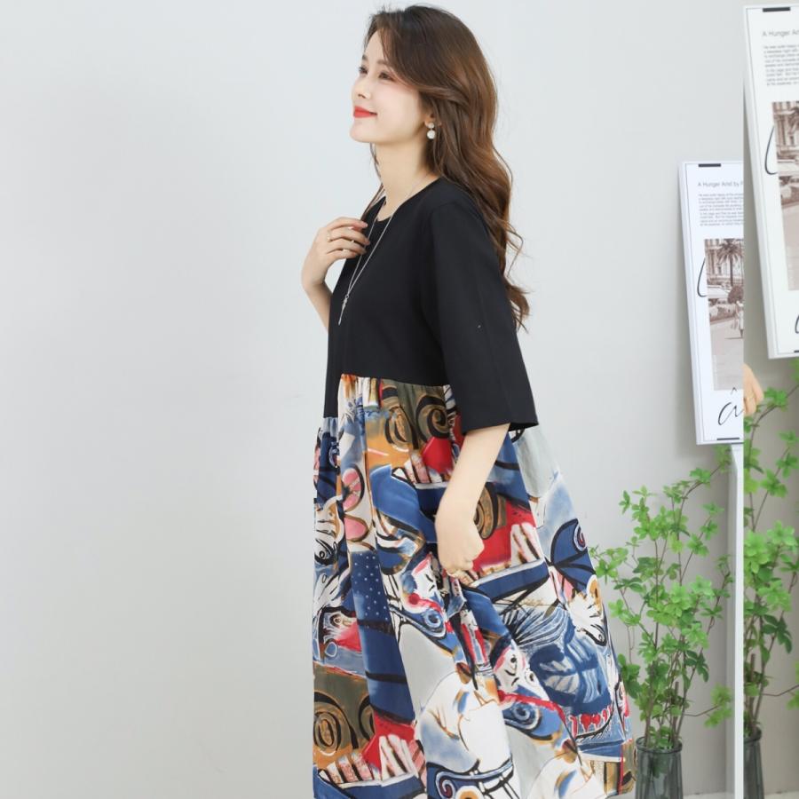 アート柄デザイン×ワンピース 7分袖 Aライン 個性的 ユニーク 美術