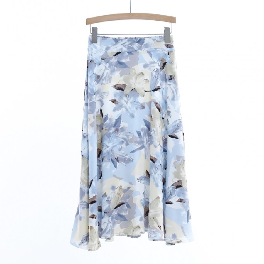 水彩花柄フレアスカート ミモレ丈 上品 大人可愛い OL通勤 オフィス