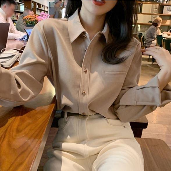 長袖厚みブラウス 可愛いおしゃれなボタン 普段着 学生 高級感 OL通勤  