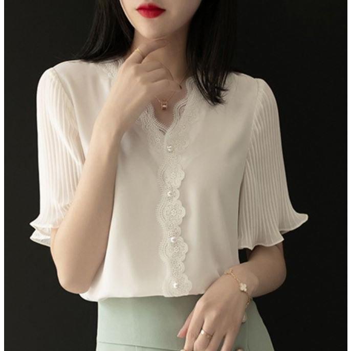 レディースシャツ シフォンブラウス 華やか きれいめ パールボタン