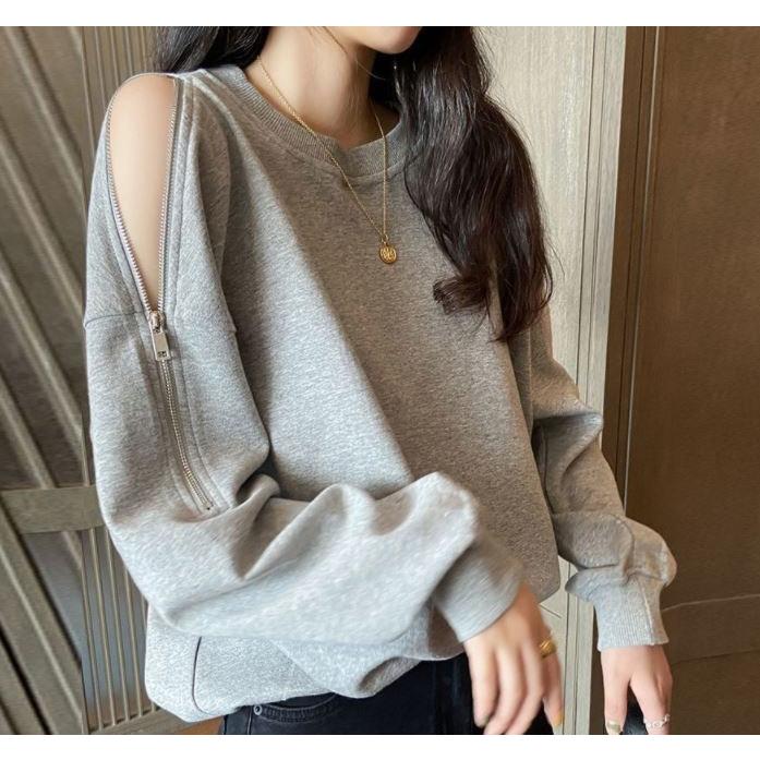 肩出しファスナー付きトレーナー レディース ラウンドネック