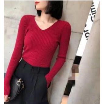 ニット セーター レディース 長袖 Vネック フィット インナー 全9色