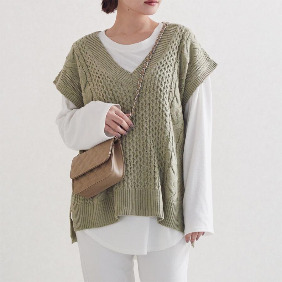 ニットベスト ケーブル編み 深Vネック オーバーサイズ ゆったり 抜け感