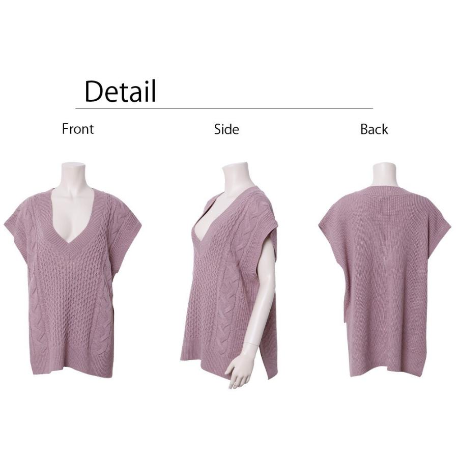 ニットベスト ケーブル編み 深Vネック オーバーサイズ ゆったり 抜け感