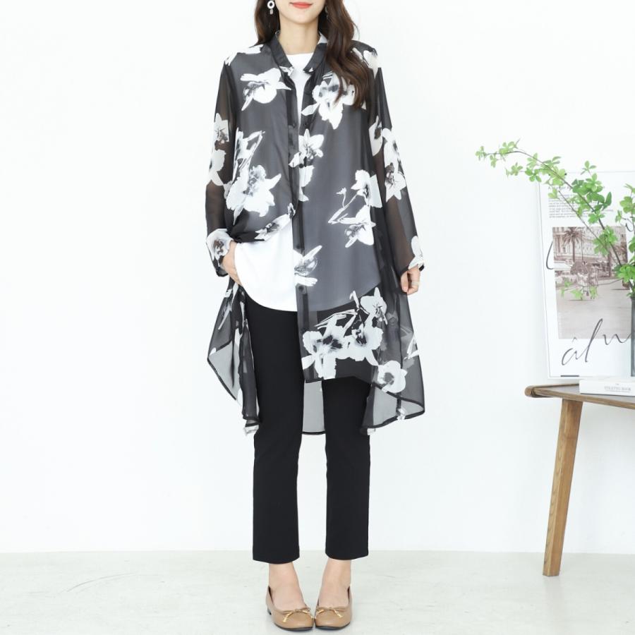 シフォン大花柄シアーロングシャツブラウス 羽織 重ね着 透ける